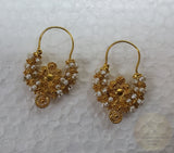 Traditional Croatian Solid Gold Hoop Earrings 14k, Dalmatian Wedding Jewelry - Recine, 14k Gold Filigree Hoops, White Pearl Dangle Hoops