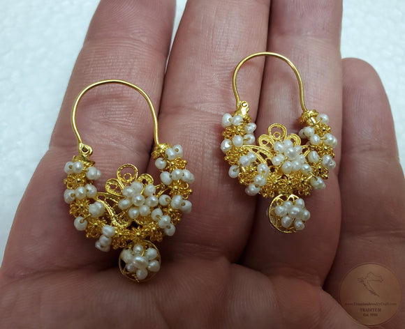 Traditional Croatian Solid Gold Hoop Earrings 14k, Dalmatian Wedding Jewelry - Recine, 14k Gold Filigree Hoops, White Pearl Dangle Hoops