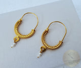 Konavle Filigree Hoop Earrings, Traditional Croatian Solid 14k Gold Hoops, Dubrovnik White Pearl Dangle Hoops, Unique Bridal Earrings