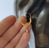 Konavle Filigree Hoop Earrings, Traditional Croatian Solid 14k Gold Hoops, Dubrovnik White Pearl Dangle Hoops, Unique Bridal Earrings