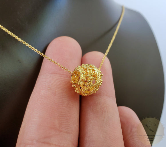 Traditional Croatian Filigree Ball Slider Pendant In 14k Gold, Dubrovnik Solid Gold Floating Pendant, Ethnic Wedding Jewelry, Minimalist