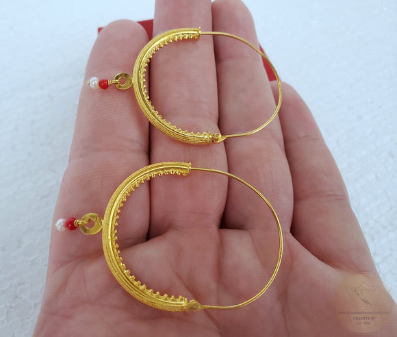 Large 14k Gold Filigree Hoops, Traditional Croatian - Konavle Earrings, Red Coral or White Pearl Dangle Hoops In 14k Gold, Wedding Jewelry