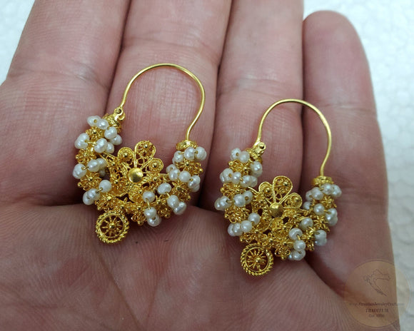 Traditional Croatian Solid Gold Hoop Earrings 14k, Dalmatian Wedding Jewelry - Recine, 14k Gold Filigree Hoops, White Pearl Dangle Hoops