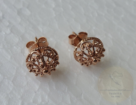 Traditional Croatian Rose Gold Earrings, Solid 14k Pink Gold Filigree Studs, Dubrovnik Filigree Half Ball 14k Gold Studs, Wedding Earrings