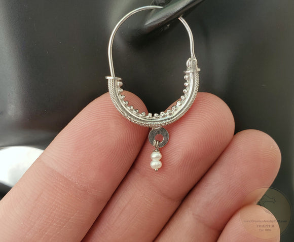Dubrovnik Filigree Hoop Earrings, Solid White Gold Hoops, 14 k Gold Earrings, Ethnic Croatian Bridal Earrings, Pearl Dangle Hoops 14k