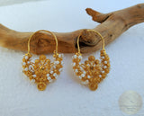 Traditional Croatian Solid Gold Hoop Earrings 14k, Dalmatian Wedding Jewelry - Recine, 14k Gold Filigree Hoops, White Pearl Dangle Hoops