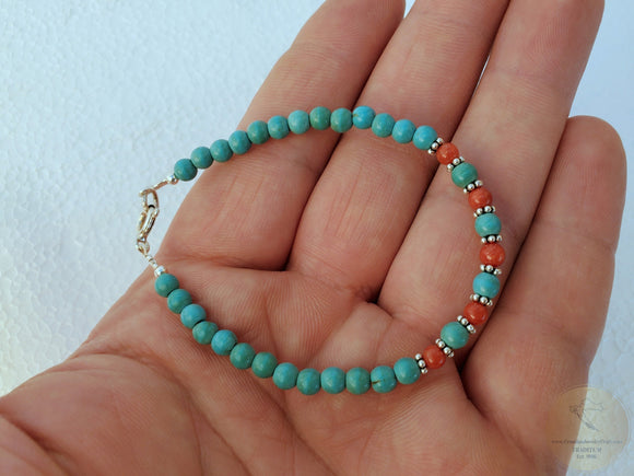 Small Round Bead Turquoise Bracelet, Red Mediterranean Coral Sterling Silver Bracelet, Natural Coral Jewelry