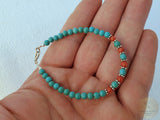 Small Round Bead Turquoise Bracelet, Red Mediterranean Coral Sterling Silver Bracelet, Natural Coral Jewelry