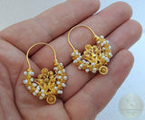 Traditional Croatian Solid Gold Hoop Earrings 14k, Dalmatian Wedding Jewelry - Recine, 14k Gold Filigree Hoops, White Pearl Dangle Hoops