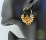 Traditional Croatian Solid Gold Hoop Earrings 14k, Dalmatian Wedding Jewelry - Recine, 14k Gold Filigree Hoops, White Pearl Dangle Hoops