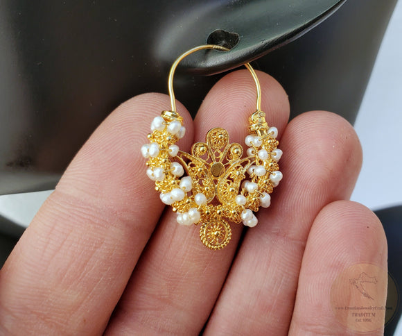 Traditional Croatian Solid Gold Hoop Earrings 14k, Dalmatian Wedding Jewelry - Recine, 14k Gold Filigree Hoops, White Pearl Dangle Hoops