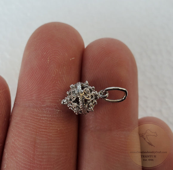 Traditional Croatian Gold Pendant, Dainty 14k White Gold Pendant, Dubrovnik Wedding Jewelry, Solid 14k Filigree Ball Pendant