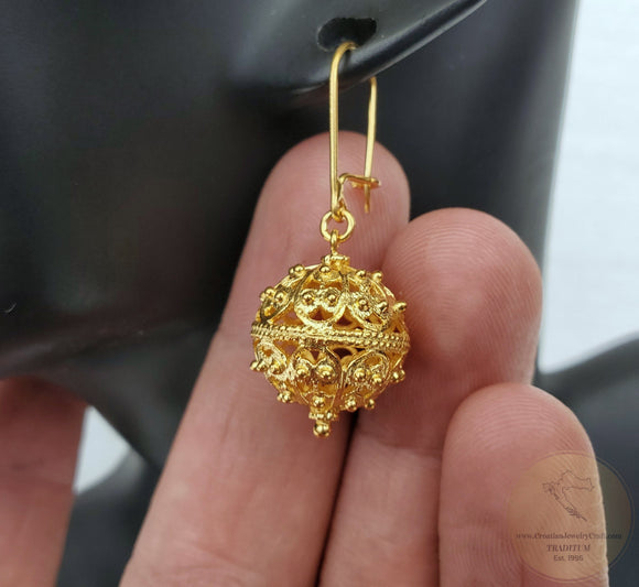 Traditional Croatian Solid 14k Gold Earrings, Dubrovnik Filigree Ball Earrings, LArge Gold Earrings, Statement Earrings, Bridal Earrings
