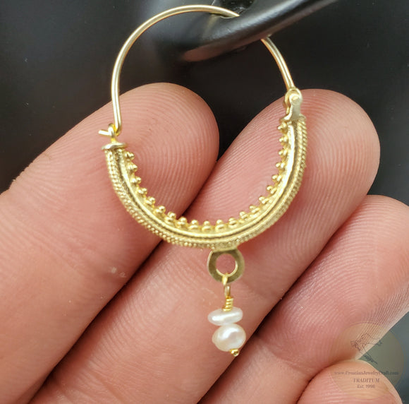 Croatian Filigree Hoop Earrings, Gold Plated Hoop Earrings, Pearl Dangle Hoops, Wedding Earrings, 24k Gold Plated Sterling Silver Earrings