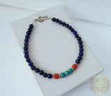 Colorful Small Bead Lapis Bracelet, w Mediterranean Coral & Turquoise Gemstone Bracelet, Sterling Silver Bracelet, Blue Stone Bracelet
