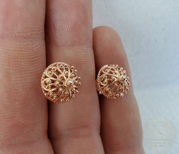 Traditional Croatian Rose Gold Earrings, Solid 14k Pink Gold Filigree Studs, Dubrovnik Filigree Half Ball 14k Gold Studs, Wedding Earrings