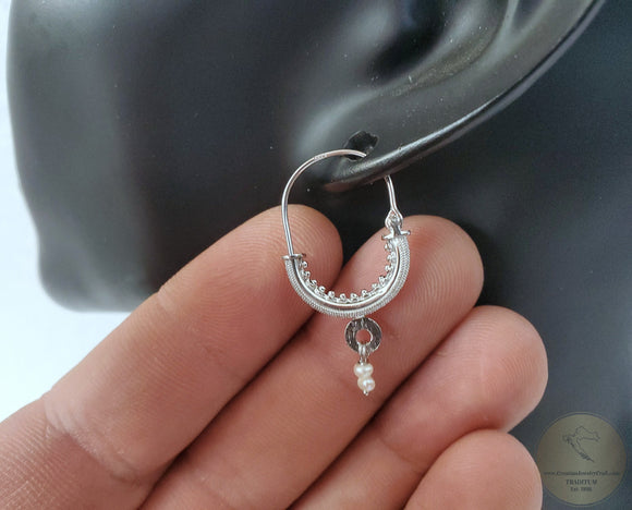 Dubrovnik Filigree Hoop Earrings, Solid White Gold Hoops, 14 k Gold Earrings, Ethnic Croatian Bridal Earrings, Pearl Dangle Hoops 14k
