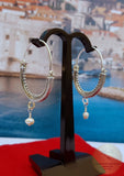 Croatian Hoop Earrings, Sterling Silver Filigree Hoops, White Pearl Dangle Hoops, Konavle Earrings, Dubrovnik Jewelry, Wedding Jewelry