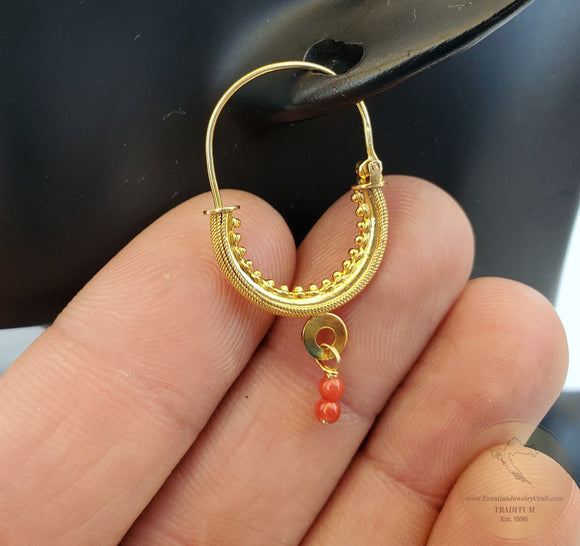 Dubrovnik Filigree Hoop Earrings, 14k Gold Red Coral Earrings, Traditional Croatian Solid 14k Gold Hoops, Mediterranean Coral Dangle Hoops