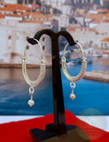 Croatian Hoop Earrings, Sterling Silver Filigree Hoops, White Pearl Dangle Hoops, Konavle Earrings, Dubrovnik Jewelry, Wedding Jewelry