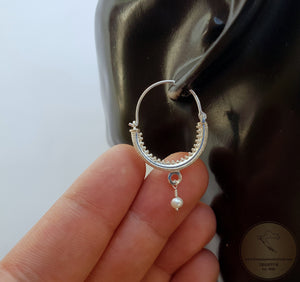 Croatian Hoop Earrings, Sterling Silver Filigree Hoops, White Pearl Dangle Hoops, Konavle Earrings, Dubrovnik Jewelry, Wedding Jewelry