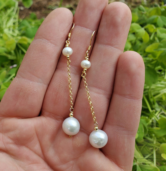 24k Gold Plated Thin Chain Earrings, Long Pearl Dangle Earrings, White Pearl Earrings, Sterling Silver Natural Pearl Wedding Jewelry