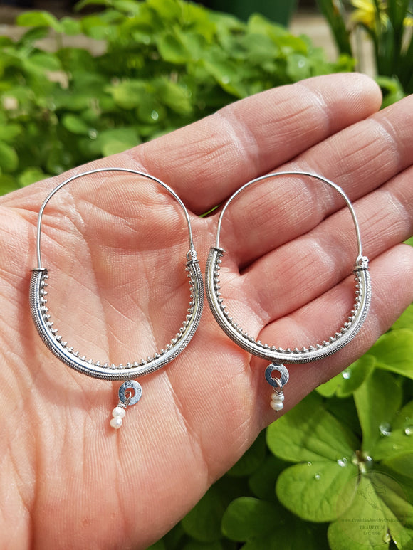 Large 14k Gold Filigree Hoops, Traditional Croatian Wedding Earrings, Solid White Gold Hoops, Dubrovnik Gold Earrings Pearl Dangle Hoops 14k