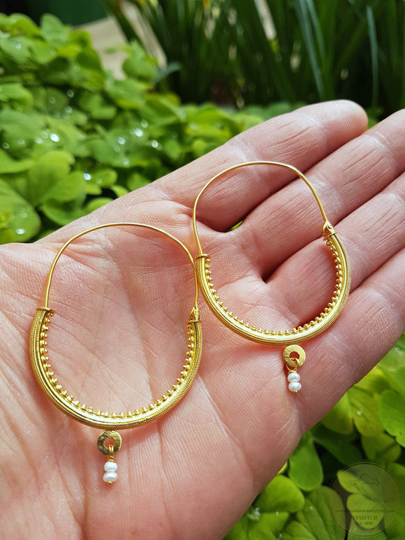 Large 14k Gold Filigree Hoops, Traditional Croatian - Konavle Earrings, White Pearl Dangle Hoops In 14k Gold, Dubrovnik Wedding Jewelry