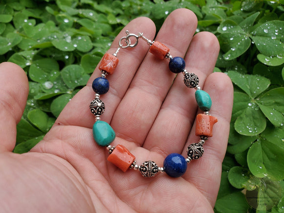 Traditional Filigree Bal Bracelet, Unique Beaded Natural Gemstone Variety Bracelet, ( Mediterranean Coral, Turquoise, Lapisl Lazuli)
