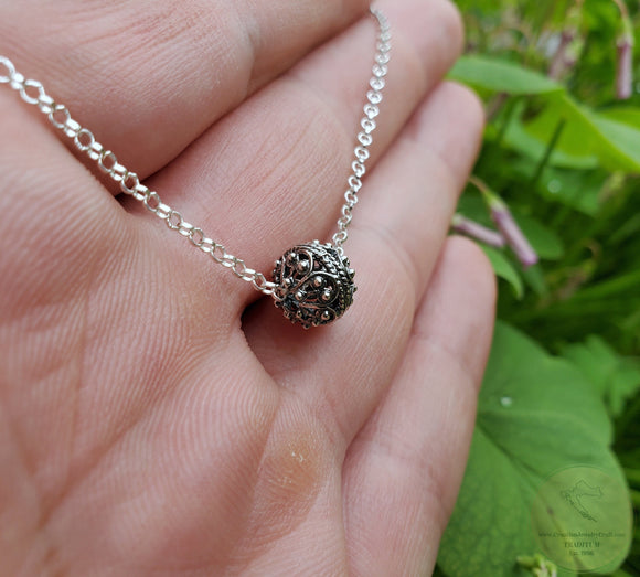 Traditional Croatian Necklace, Dubrovnik Slider Pendant Minimalist Necklace, Floating Solitaire Pendant Sterling Filigree Ball Necklace