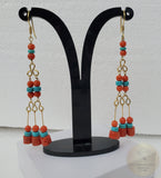 Turquoise And Coral Earrings, Red Coral Earrings, 14k Gold Earrings, Gold Turquoise Dangle Earrings, Untreated Precious Mediterranean Coral