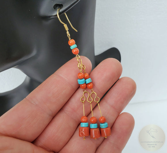 Turquoise And Coral Earrings, Red Coral Earrings, 14k Gold Earrings, Gold Turquoise Dangle Earrings, Untreated Precious Mediterranean Coral