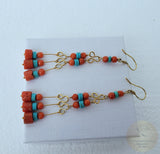 Turquoise And Coral Earrings, Red Coral Earrings, 14k Gold Earrings, Gold Turquoise Dangle Earrings, Untreated Precious Mediterranean Coral