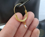 14k Gold Filigree Hoops, Traditional Croatian - Konavle Earrings, 14k Gold Earrings, White Pearl Dangle Hoops In 14k Gold, Wedding Jewelry