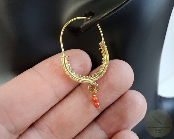 Dubrovnik Filigree Hoop Earrings, 14k Gold Red Coral Earrings, Traditional Croatian Solid 14k Gold Hoops, Mediterranean Coral Dangle Hoops