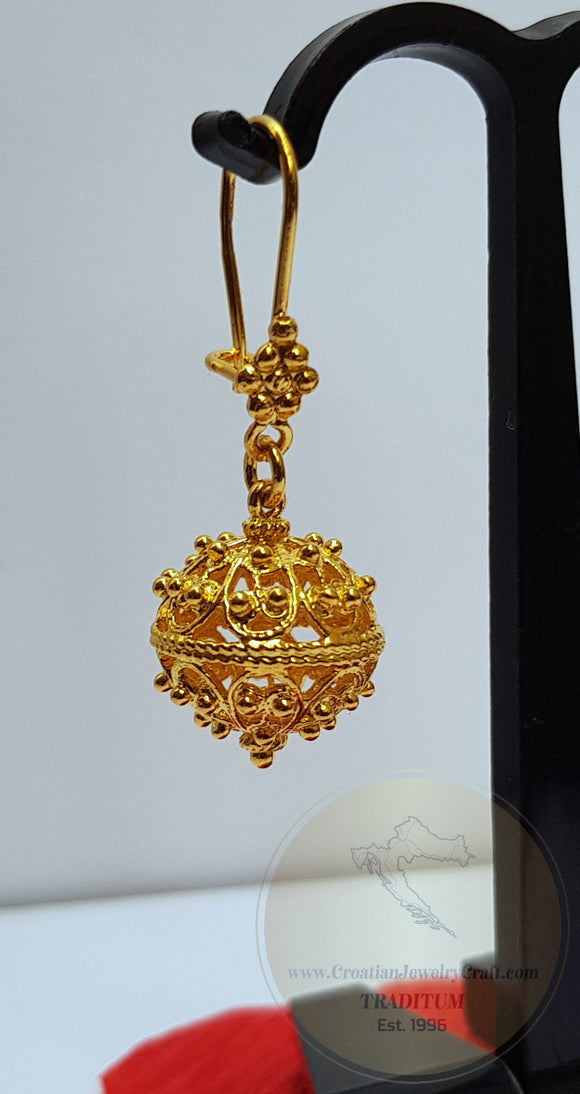 Traditional Croatian Solid 14k Gold Earrings, Dubrovnik Gold Filigree Ball Earrings, Ethnic Wedding Jewelry, Dangle Gold Bridal Earrings