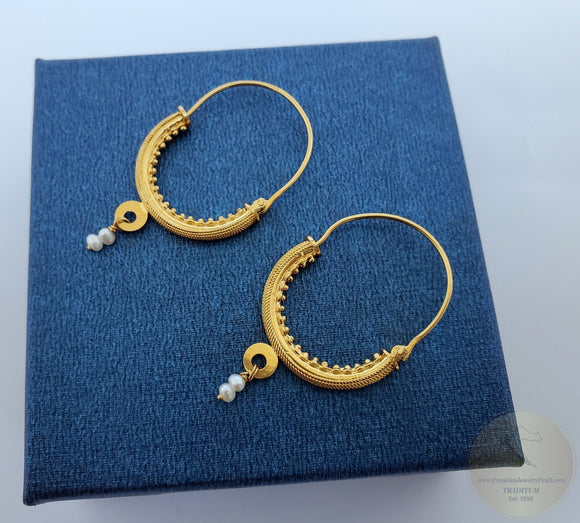 14k Gold Filigree Hoops, Traditional Croatian - Konavle Earrings, 14k Gold Earrings, White Pearl Dangle Hoops In 14k Gold, Wedding Jewelry