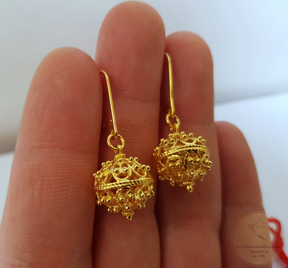 Traditional Croatian Solid 14k Gold Hook Earrings, Dubrovnik Filigree Ball Earrings, Ethnic Wedding Jewelry, Dangle Gold Bridal Earrings