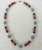 Multi Stone Mediterranean Coral Necklace w Freshwater Pearl & Lapis Lazuli Gemstone, Filigree Ball Sterling Silver Necklace