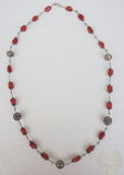 Long Mediterranean Coral Chain Necklace With Traditional Croatian Filigree Ball, Dubrovnik Filigree Salmon Red Coral Necklace