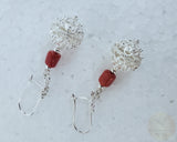 Traditional Croatian Earrings, Mediterranean Red Coral Earrings, Dubrovnik Filigree Ball Earrings, 925 Silver Dangle Hook Earrings