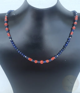 Simple Small Bead Blue Stone Necklace, Mediterranean Red Coral Necklace, Blue Lapis Necklace, Sterling Silver Dainty Necklace