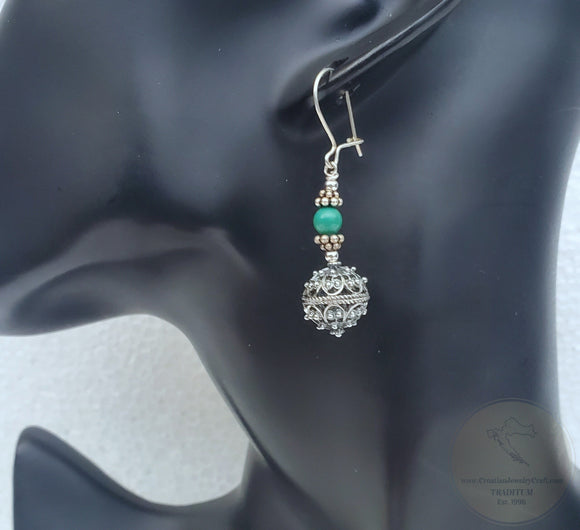 Traditional Croatian Turquoise Gemstone Filigree Ball Earrings, Dubrovnik Jewelry, Sterling Silver Ball Earrings, Bridesmaid Jewelry