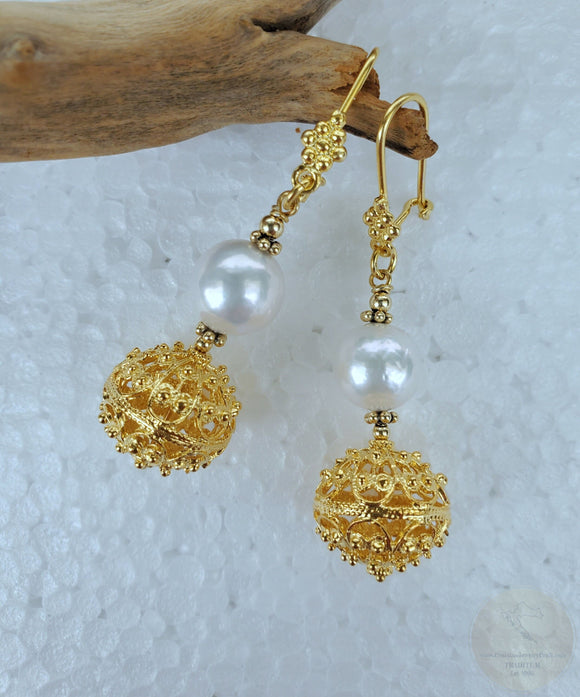 Traditional Croatian Filigree Earrings, 24k Gold Plated Pearl Earrings, Dubrovnik Filigree Ball Earrings, White Pearl Wedding Earrings