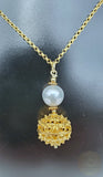 Dainty Traditional Croatian White Pearl Pendant, 24k Gold Plated Sterling Silver Filigree Ball Pendant, Filigree Metalwork Pendant