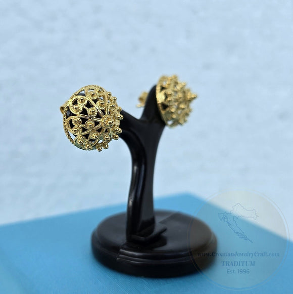 14k Gold Stud Earrings, Traditional Croatian Filigree Studs, Simple Large Gold Stud Earrings, Dubrovnik Jewelry, Filigree Bridal Earrings