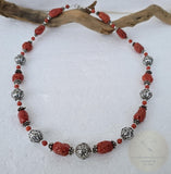 Mediterranean Coral Necklace, Salmon Red Coral Necklace, Sterling Silver Necklace, Silver Floral Ball Necklace, Natural Coral Jewelry