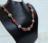 Mediterranean Coral Necklace, Salmon Red Coral Necklace, Sterling Silver Necklace, Silver Floral Ball Necklace, Natural Coral Jewelry