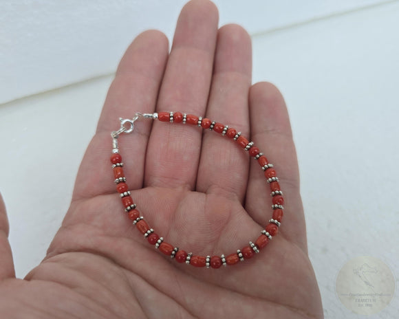 Small Bead Red Coral Bracelet, Mediterranean Coral, Sterling Silver Natural Coral Jewelry, Handmade in Croatia