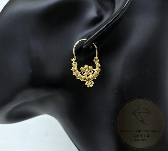 Traditional Croatian Gold Plated Hoop Earrings, Dalmatian Wedding Jewelry - Recine, 24k Gold Plated Sterling Silver Earrings, Dangle Hoops